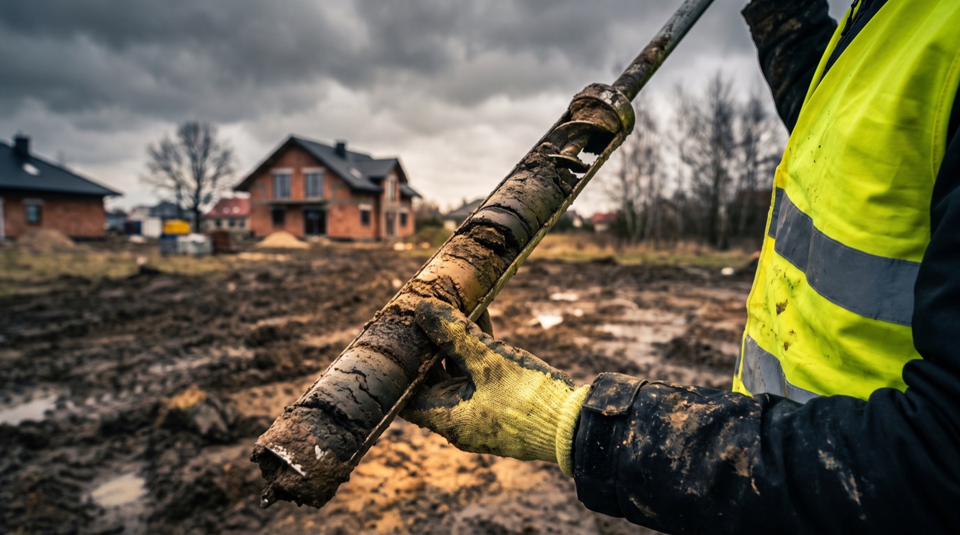 Geolog pobiera próbkę gruntu z działki budowlanej